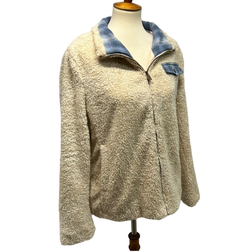 Pendleton Cream Sherpa Flannel Trim Full Zipper Teddy Coat Women’s Large - Picture 10 of 16
